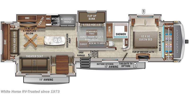 Call now about this 2022 Jayco North Point 377RLBH 2-BdRM Quad Slide, Rear Living! Floorplan of 2022 Jayco North Point 377RLBH 2-BdRM Quad Slide, Rear Living