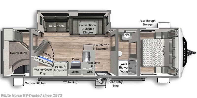 Call now about this 2024 Dutchmen Astoria 2903BH 2-BdRM DBL Bunk Beds, U-Dinette! Floorplan of 2024 Dutchmen Astoria 2903BH 2-BdRM DBL Bunk Beds, U-Dinette