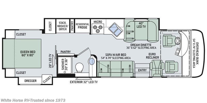 Call now about this 2018 Thor Motor Coach Palazzo 33.2 Double Slide, Stackable Washer & Dryer! Floorplan of 2018 Thor Motor Coach Palazzo 33.2 Double Slide, Stackable Washer & Dryer