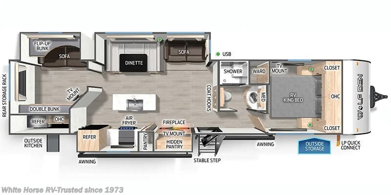 Call now about this 2026 Forest River Cherokee Wolf Den 304SR 2-BdRM Triple Slide, Rear Bunkhouse! Floorplan of 2026 Forest River Cherokee Wolf Den 304SR 2-BdRM Triple Slide, Rear Bunkhouse