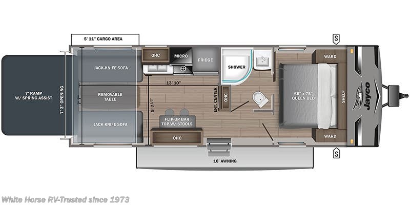 Call now about this 2024 Jayco Jay Flight 265TH Rear 5' 11" Cargo Area (13' 10" thru Galley)! Floorplan of 2024 Jayco Jay Flight 265TH Rear 5' 11" Cargo Area (13' 10" thru Galley)