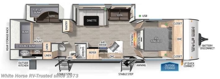 Email now about this 2026 Forest River Cherokee Wolf Den 301BH 2-BdRM Double Slide, Rear Bunkhouse! Floorplan of 2026 Forest River Cherokee Wolf Den 301BH 2-BdRM Double Slide, Rear Bunkhouse