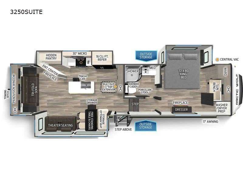 Call now about this 2025 Forest River Cherokee Arctic Wolf Suite 3250SUITE! 2025 Forest River Cherokee Arctic Wolf Suite 3250SUITE - New Fifth Wheel For Sale by RV Dynasty in Bunker Hill, Indiana features Slideout