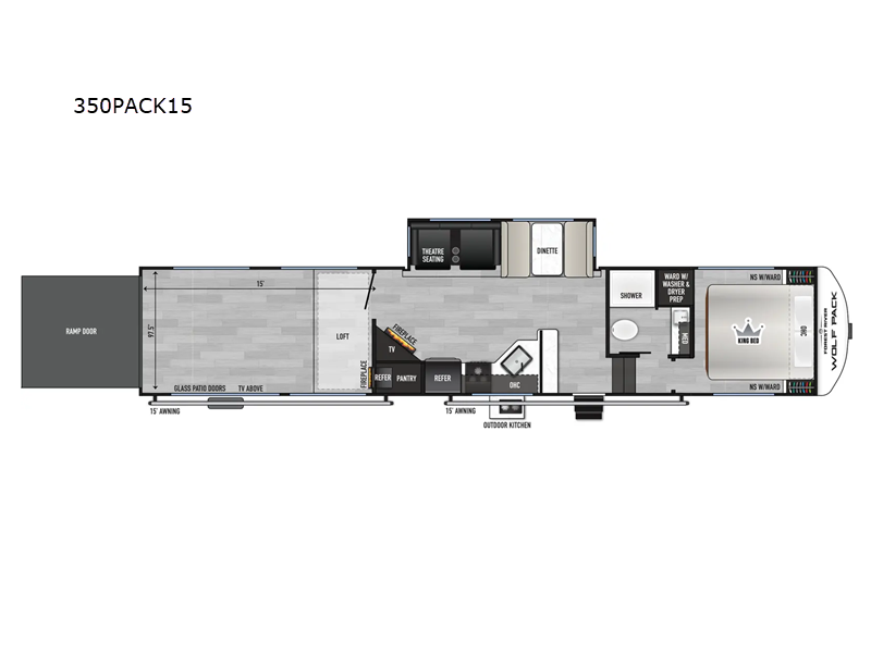 Call now about this 2026 Forest River Cherokee Wolf Pack 350PACK15! 2026 Forest River Cherokee Wolf Pack 350PACK15 - New Toy Hauler For Sale by RV Dynasty in Bunker Hill, Indiana features Slideout
