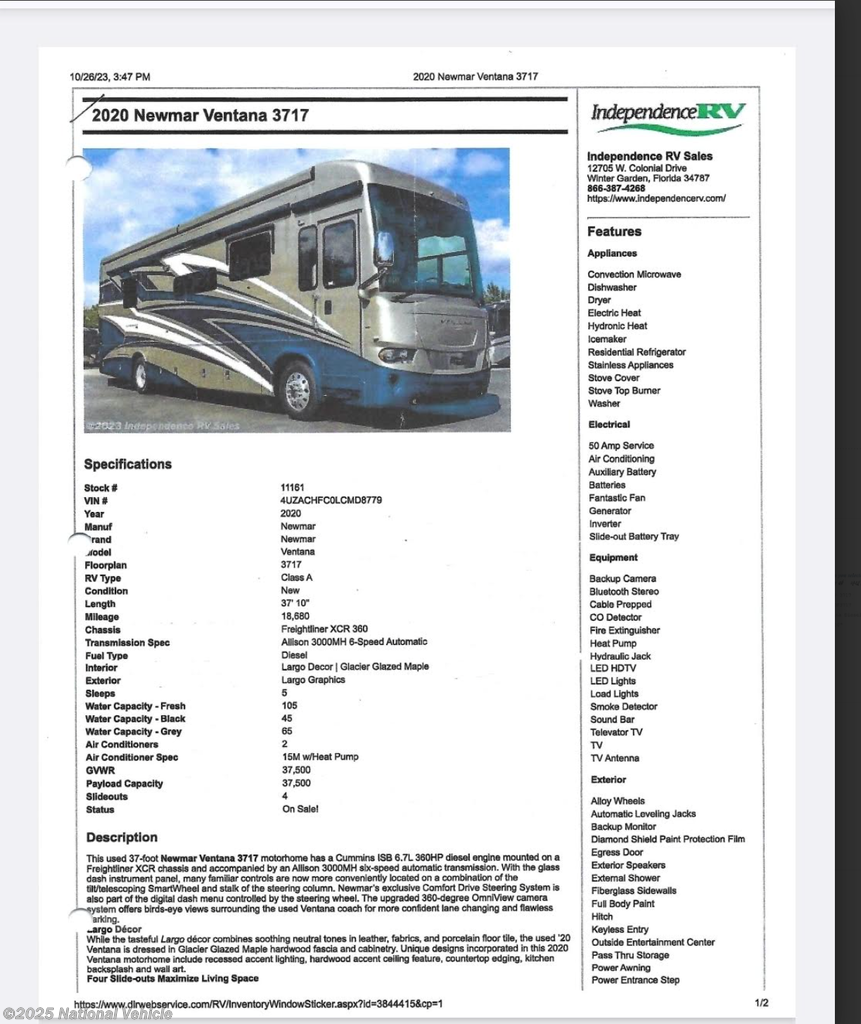 Call now about this 2020 Newmar Ventana 3717! 2020 Newmar Ventana 3717 - Used Class A For Sale by National Vehicle in Naples, Florida