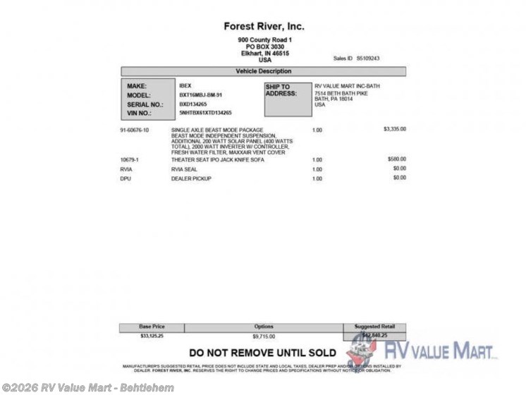 Email now about this 2026 Forest River IBEX 16MBJ-BM! New 2026 Forest River IBEX 16MBJ-BM available in Bath, Pennsylvania