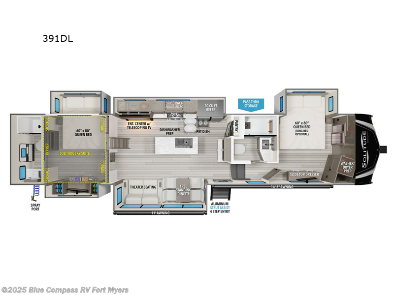 Call now about this 2025 Grand Design Solitude 391DL! 2025 Grand Design Solitude 391DL - New Fifth Wheel For Sale by Blue Compass RV Fort Myers in Fort Myers, Florida features Slideout