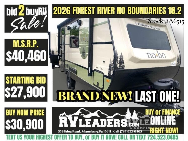 Email now about this 2026 Forest River No Boundaries NB18.2! New 2026 Forest River No Boundaries NB18.2 available in Adamsburg, Pennsylvania