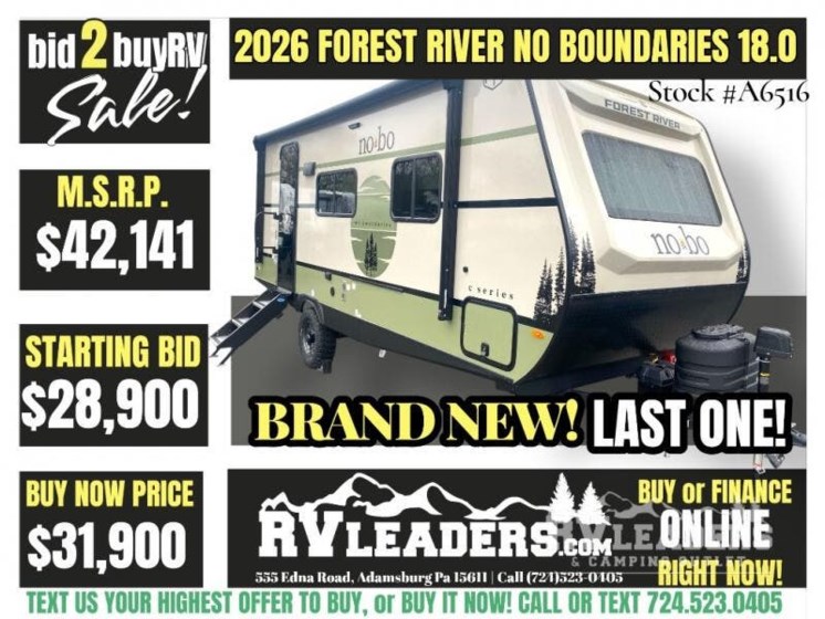 Email now about this 2026 Forest River No Boundaries NB18.0! New 2026 Forest River No Boundaries NB18.0 available in Adamsburg, Pennsylvania