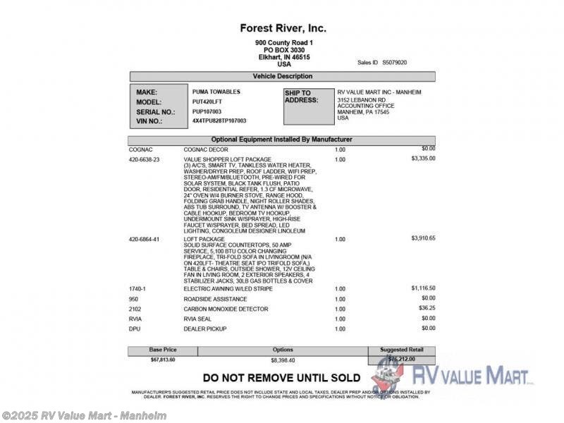 Email now about this 2026 Forest River Puma Vista 420LFT! New 2026 Forest River Puma Vista 420LFT available in Manheim, Pennsylvania