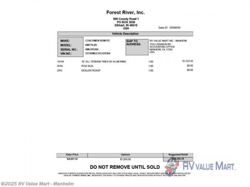 Email now about this 2026 Coachmen Remote 18.2R! New 2026 Coachmen Remote 18.2R available in Manheim, Pennsylvania