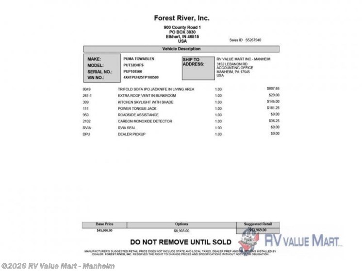 Email now about this 2026 Forest River Puma 32BHFS! New 2026 Forest River Puma 32BHFS available in Manheim, Pennsylvania