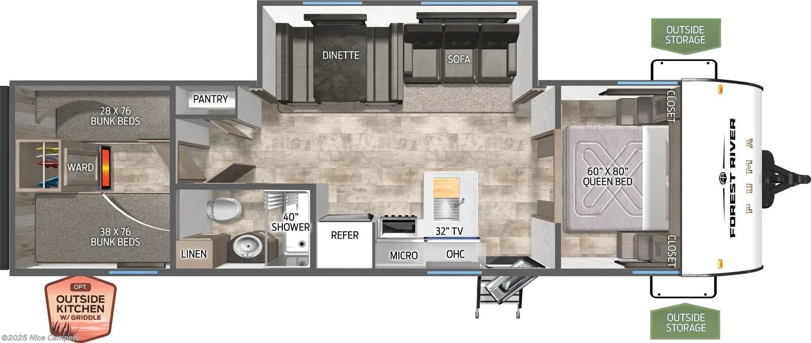 Call now about this 2025 Palomino Puma Camping Edition 304BHCE! 2025 Palomino Puma Camping Edition 304BHCE - New Travel Trailer For Sale by Nice Campers in Russellville, Arkansas features Bunk Beds, Air Conditioning, Awning, Water Heater, Propane