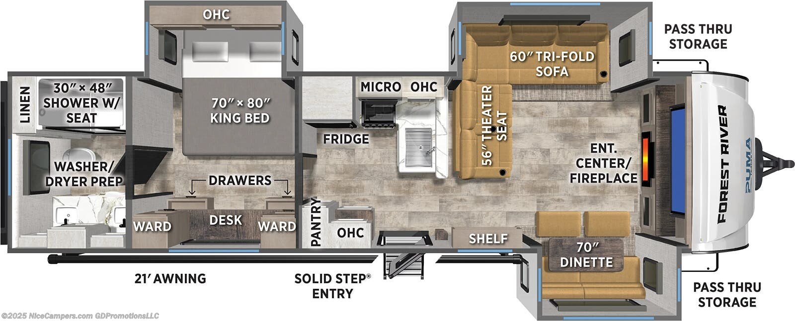 Call now about this 2026 Forest River Puma Tracks 3300FLBS! 2026 Forest River Puma Tracks 3300FLBS - New Travel Trailer For Sale by NiceCampers.com in Russellville, Arkansas features Power Awning, Slam Latch Baggage Doors, Awning, Ladder, LED Lights