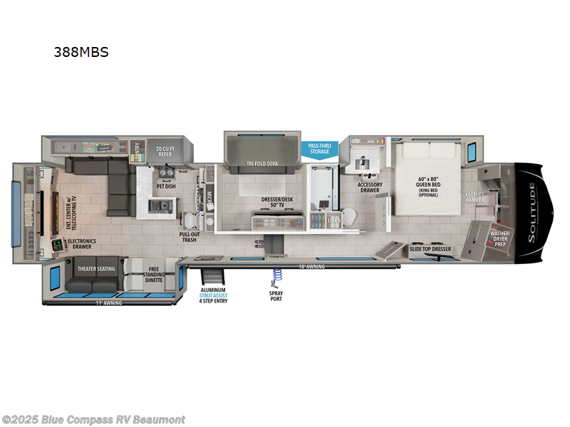 Call now about this 2025 Grand Design Solitude 388mbs! 2025 Grand Design Solitude 388mbs - Used Fifth Wheel For Sale by Blue Compass RV Beaumont in Vidor, Texas features Slideout