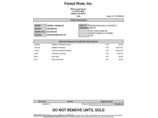2024 Sierra 4002FB by Forest River from Recreation USA in Myrtle Beach, South Carolina