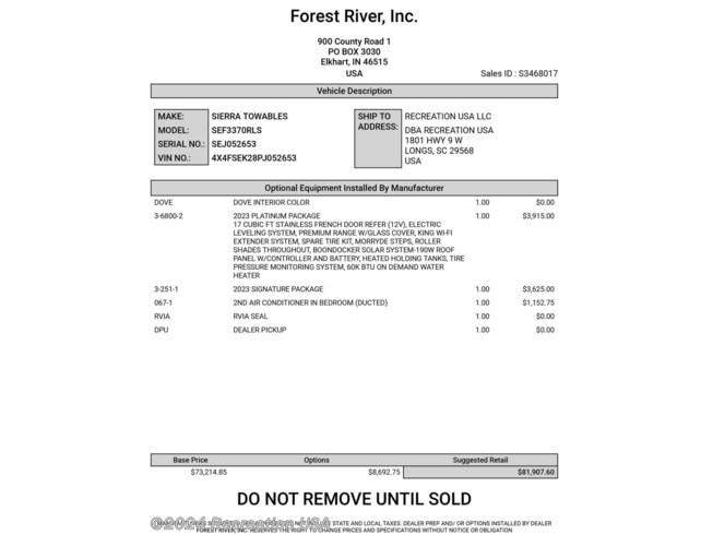 2023 Sierra 3370RLS by Forest River from Recreation USA in Myrtle Beach, South Carolina