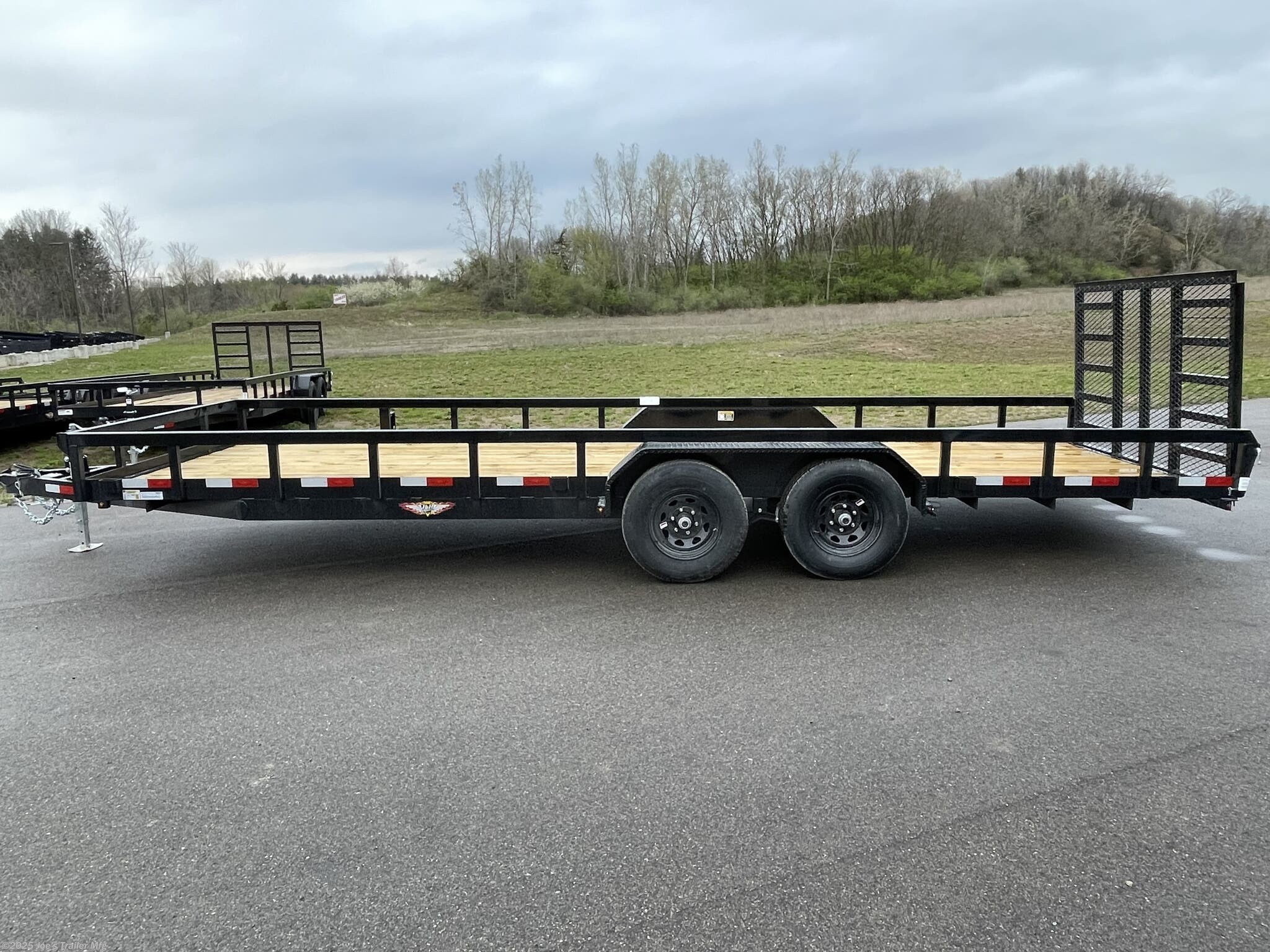 H&H 82" x 22' Heavy Duty Landscape/Utility Trailer, 5" x 3" x 1/4" Steel Angle Frame, 3" x 2" x 3/16" Steel Angle Crossmembers, 5" Steel Channel Tongue, Fully Wrapped, 3" x 2" Steel Tube Top Rail, 2-5/16" A-Frame Posi-Lock Coupler, Dual Safety Chains and Hooks, 7-Way RV-Style Plug, Enclosed Sealed Wiring Harness, 7k Rated Setback Drop Leg Jack, 50" Tall Reinforced Spring Assist Gate, Ladder Style Gate, Steel Formed Tread Plate Fenders, Tandem Spring Brake Suspension, 9900 lb GVWR, Easy Lube Hubs, ST225/75R15 'D' Tires, 15" Black Steel Wheels, Industrial Grade Polymer Finish, 2 x 8 Pressure Treated Pine Decking, Welded Front Board Retainer, Rear End Board Cap, Stake Pockets, Spare Tire Mount, Full LED DOT Compliant Lighting, Heavy Duty Utility Trailer, Landscape Trailer, Steel Angle Frame Trailer, Heavy Duty Trailer, Landscape Utility Trailer, Tandem Axle Utility Trailer, Spring Assist Gate Trailer, Steel Channel Tongue Trailer, Pressure Treated Pine Deck Trailer, Black Steel Wheels Tra