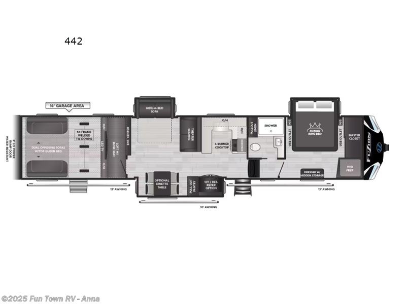 Call now about this 2025 Keystone Fuzion 442! 2025 Keystone Fuzion 442 - New Toy Hauler For Sale by Fun Town RV - Anna in Anna, Illinois features Slideout