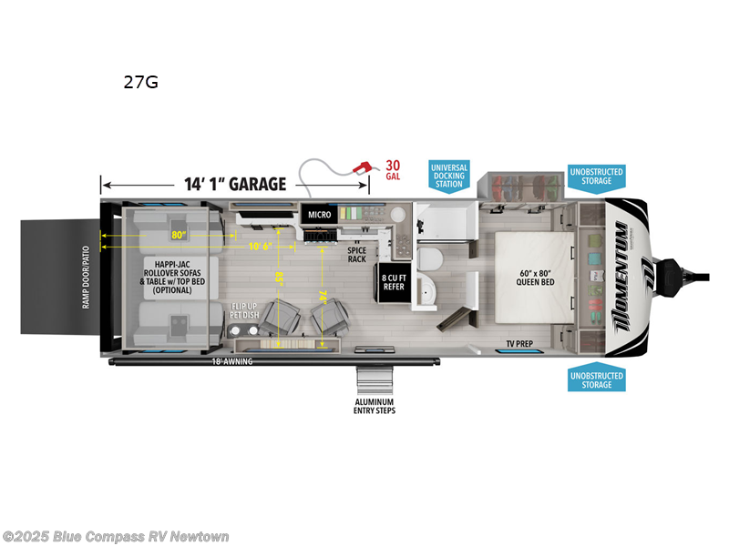 Call now about this 2025 Grand Design Momentum G-Class 27G! 2025 Grand Design Momentum G-Class 27G - New Toy Hauler For Sale by Blue Compass RV Newtown in Newtown, Connecticut features Slideout