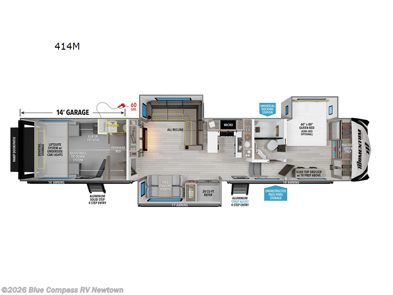Call now about this 2026 Grand Design Momentum M-Class 414M! 2026 Grand Design Momentum M-Class 414M - New Toy Hauler For Sale by Blue Compass RV Newtown in Newtown, Connecticut features Slideout