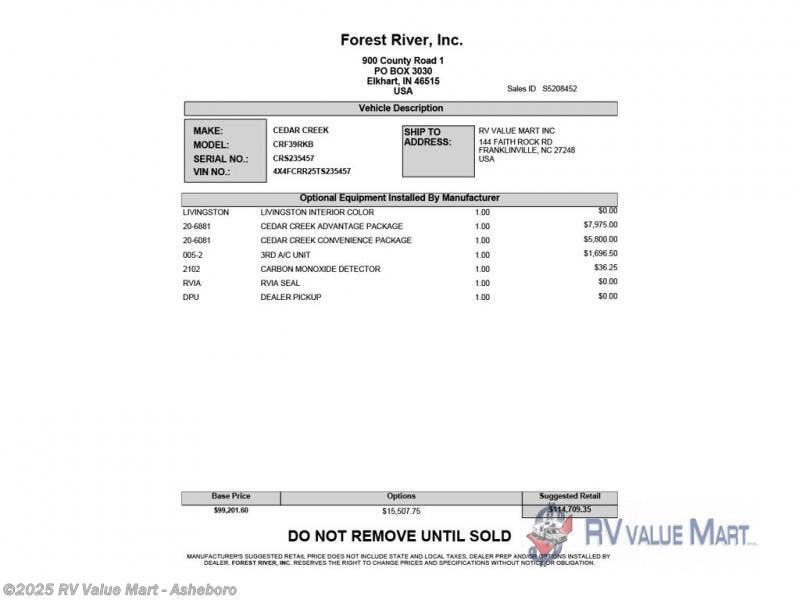 Email now about this 2026 Forest River Cedar Creek 39RKB! New 2026 Forest River Cedar Creek 39RKB available in Franklinville, North Carolina