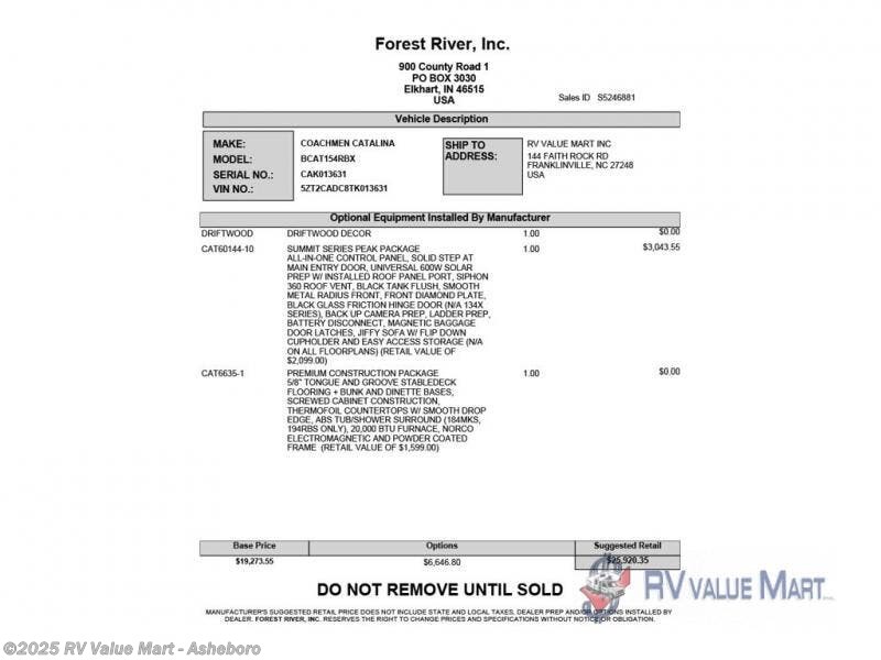 Contact us now about this 2026 Coachmen Catalina Summit Series 7 154RBX! 2026 Catalina Summit Series 7 154RBX by Coachmen from RV Value Mart - Asheboro in Franklinville, North Carolina