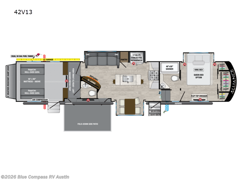 Call now about this 2022 Alliance RV Valor 42V13! 2022 Alliance RV Valor 42V13 - Used Toy Hauler For Sale by Blue Compass RV Austin in Buda, Texas features Slideout