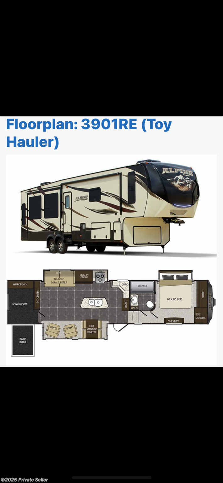 Call now about this 2017 Keystone Alpine 3901 RE Toy Hauler! 2017 Keystone Alpine 3901 RE Toy Hauler - Used Fifth Wheel For Sale by For Sale By Owner in PADUCAH, Kentucky features Water Heater, Living Quarters, Queen Mattress, Ceiling Fan, Washer