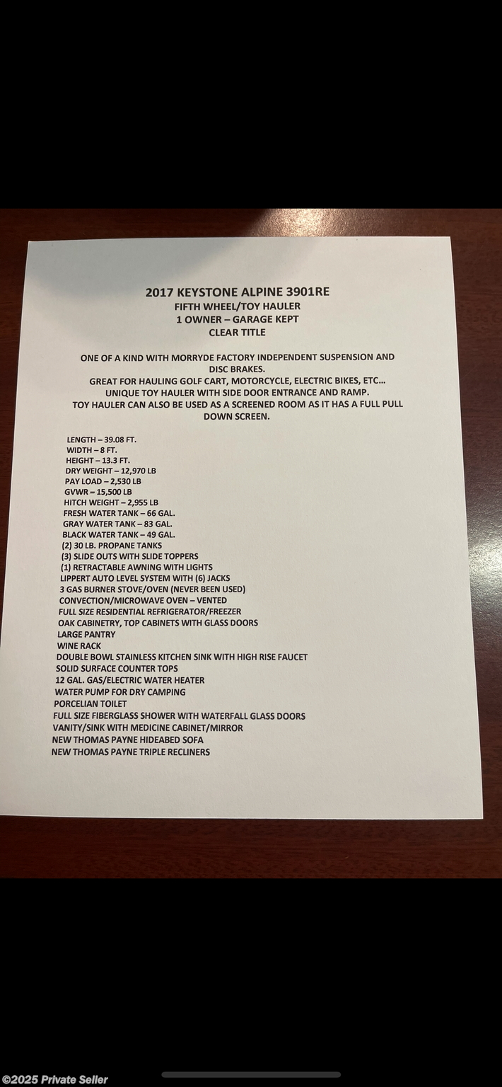 Contact us now about this 2017 Keystone Alpine 3901 RE Toy Hauler! 2017 Alpine 3901 RE Toy Hauler by Keystone from For Sale By Owner in PADUCAH, Kentucky