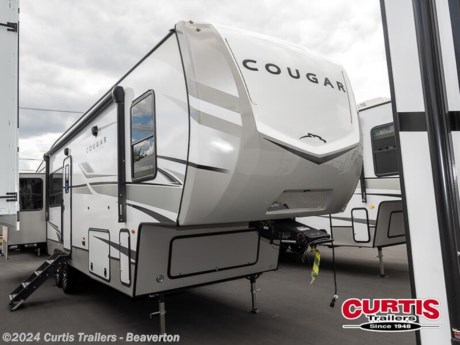 Accessories: INTERIOR - DRIFTWOOD,PROFESSIONAL GRADE CAMPING PKG,TOWING WITH CONFIDENCE PKG,COUGAR INNOVATION PKG,CLIMATE GUARD PROTECTION PKG,ELECTRIC 4 POINT LEVELING SYSTEM,iNCOMMAND PRO w/GLOBAL CONNECT,FREE STANDING DINETTE AND CHAIRS,2ND 13.5 BTU A/C DUCTED,SOLAR FLEX DISCOVER,KING BED,REFRIGERATOR - 12V - 16cf,RVIA SEAL-GO CAMPING,