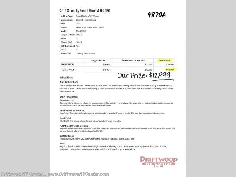 2014 Salem Villa Series 402QBQ Classic by Forest River from Driftwood RV Center in Clermont, New Jersey