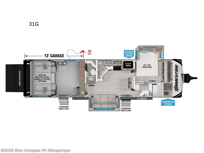 2026 Grand Design Momentum G-Class 31G - New Toy Hauler For Sale by Blue Compass RV Albuquerque in Albuquerque, New Mexico features Slideout
