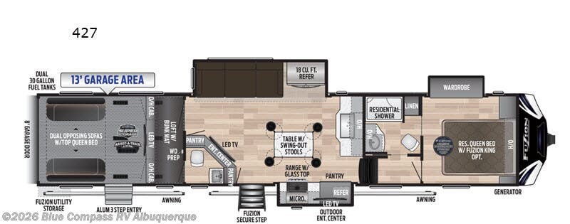 2020 Keystone Fuzion 427 - Used Toy Hauler For Sale by Blue Compass RV Albuquerque in Albuquerque, New Mexico features Slideout
