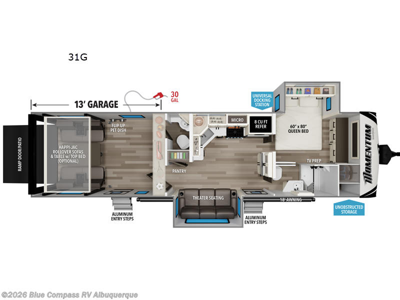 2027 Grand Design Momentum G-Class 31G - New Toy Hauler For Sale by Blue Compass RV Albuquerque in Albuquerque, New Mexico features Slideout