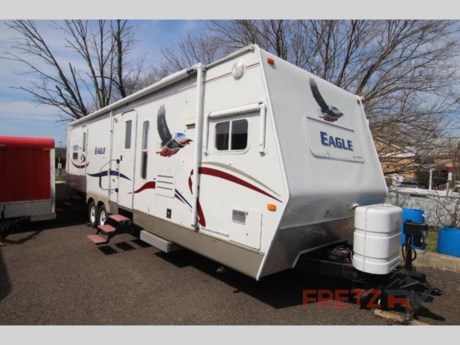 &lt;h2&gt;Used Pre-Owned 2005 Jayco Eagle 322FKS Travel Trailer Camper for Sale at Fretz RV of Philadelphia&lt;/h2&gt; &lt;p&gt;&#160;&lt;/p&gt; &lt;p&gt;Great for fultime or seasonal camping!&lt;/p&gt; &lt;p&gt;&#160;&lt;/p&gt; &lt;p&gt;Double Slide, Rear King Bed Slideout w/Wardrobe, TV Cabinet/Shelf &amp; Chest, Stool Room, Lav., Medicine Cabinet, Angle Shower, Pantry, Wardrobe/TV Cabinet, Lounge Chair, J-Steel Sofa/Booth Dinette Slideout, Opt. Freestanding Dinette, Opt. Extendable Booth Dinette, Front Kitchen w/Refrigerator, Microwave, 3 Burner Range &amp; Double Kitchen Sink, Overhead Cabinets Throughout, and Much More!&lt;/p&gt; &lt;p&gt;&#160;&lt;/p&gt; &lt;p&gt;Fretz RV of Philadelphia is the nations premier dealer for all 2022, 2023, 2024 and 2025&#160;Winnebago Minnie, Micro, M-Series, Access, Voyage, Hike, 100, FLX, Flex, Jayco Jay Flight, Eagle, HT, Jay Feather, Micro, White Hawk, Bungalow, North Point, Pinnacle, Talon, Octane, Seismic, SLX, OPUS, OP4, OP2, OP15, OPLite, Air Off Road, and TAXA Outdoors, Habitat, Overland, Cricket, Tiger Moth, Mantis, Ember RV Touring and Skinny Guy Truck Campers.&#160;So, if you are in the York, Harrisburg, Lancaster, Philadelphia, Allentown, New Jersey, Delaware New York, or Maryland regions; stop by and browse our huge RV inventory today.&#160;Fretz RV has been a Jayco Dealer Partner for over 40 years, Winnebago Dealer Partner for over 30 Years.&lt;/p&gt; &lt;p&gt;We also carry used and Certified Pre-owned brands like Forest River, Salem, Wildwood,&#160; TAB, TAG, NuCamp, Cherokee, Coleman, R-Pod, A-Liner, Dutchmen, Keystone, KZ, Grand Design, Reflection, Imagine, Passport, Lance, Solitude, Freedom Lite, Express, Flagstaff, Rockwood, Montana, Passport, Little Guy, Coachmen, Catalina, Cougar,&#160; Sunset Trail, Raptor, Vengeance, Gulf Stream and Airstream, and are always below NADA values. We take all types of trades. When it comes to campers, we are your full-service stop. With over 77 years in business, we have built an excellent reputation in the Recreational Vehicle and Camping industry to our customers as well as our suppliers and manufacturers.&#160;With our participation in the Hershey RV Show every year we can display the newest product with great savings to customers! Besides our online presence, at Fretz RV we have a 12,000 Sq. Ft showroom, a huge RV&#160;Parts, and Accessories store. We have added a 30,000 square foot Indoor Service Facility that opened in the Spring of 2018. We have a full Service and Repair shop with RVIA Certified Technicians. &#160;Financing available. We have RV Insurance through Geico Brown and Brown and Progressive that we can provide instant quotes, RV Warranties through Compass and Protective XtraRide, and RV Rentals. We have detailed videos on RVTrader, RVT, Classified Ads, eBay, RVUSA and Youtube. Like us on Facebook. Check out our great Google and Dealer Rater reviews at Fretz RV. Fretz RV of Philadelphia is located at 3479 Bethlehem Pike,&#160;Souderton,&#160;PA&#160;18964&#160;215-723-3121&#160;&lt;/p&gt; &lt;p&gt;Call for details.&#160;#RV #GoCamping #GoRVing #1 #Used #New #PaDealer #Camping&lt;/p&gt;&lt;ul&gt;&lt;li&gt;Two Entry/Exit Doors&lt;/li&gt;&lt;li&gt;Front Kitchen&lt;/li&gt;&lt;li&gt;Rear Bedroom&lt;/li&gt;&lt;/ul&gt;