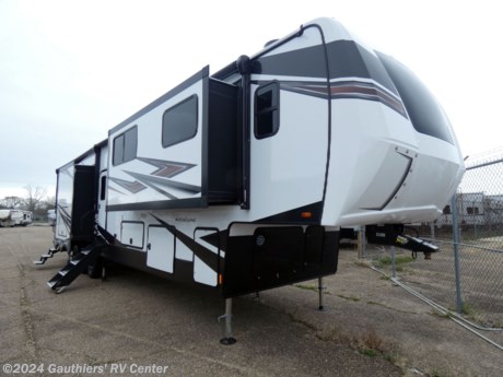&lt;p&gt;&lt;span style=&quot;font-size: 16px;&quot;&gt;&lt;strong&gt;TRIPLE SLIDE FRONT KITCHEN FIFTH WHEEL TOY HAULER W/ 6 POINT AUTO LEVELING, THREE A/C UNITS, 5500 YAMAHA GENERATOR, RESIDENTIAL REFRIGERATOR, AND TIRE PRESSURE MONITORING SYSTEM.&lt;/strong&gt;&lt;/span&gt;&lt;/p&gt;