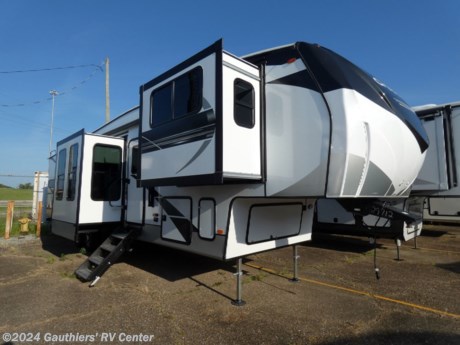 &lt;p&gt;&lt;span style=&quot;font-size: 14pt;&quot;&gt;&lt;strong&gt;FIVE SLIDE FRONT LIVING FIFTH WHEEL W/ 6 POINT AUTO LEVELING, POWER AWNING, THEATER SEATING, KING SIZE BED, WASHER-DRYER PREP, AND 12 VOLT 10 CU FT REFRIGERATOR.&lt;/strong&gt;&lt;/span&gt;&lt;/p&gt;