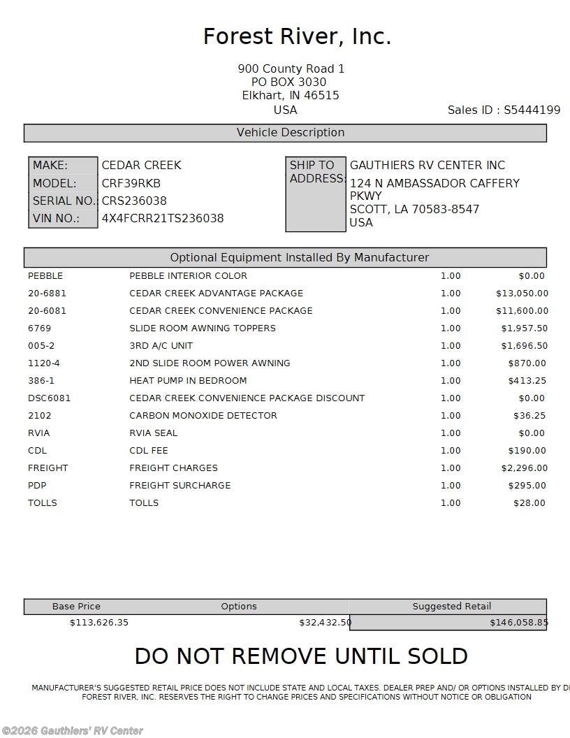 2026 Cedar Creek 39RKB by Forest River from Gauthiers' RV Center in Scott, Louisiana