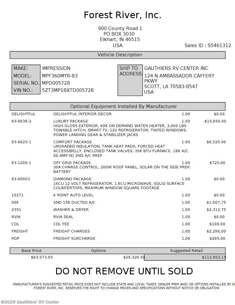 2026 Impression 360MYR by Forest River from Gauthiers' RV Center in Scott, Louisiana