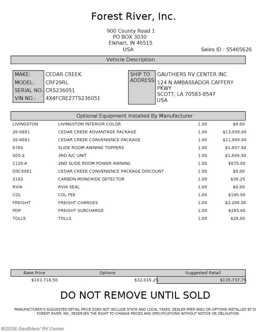 2026 Cedar Creek 29RL by Forest River from Gauthiers' RV Center in Scott, Louisiana