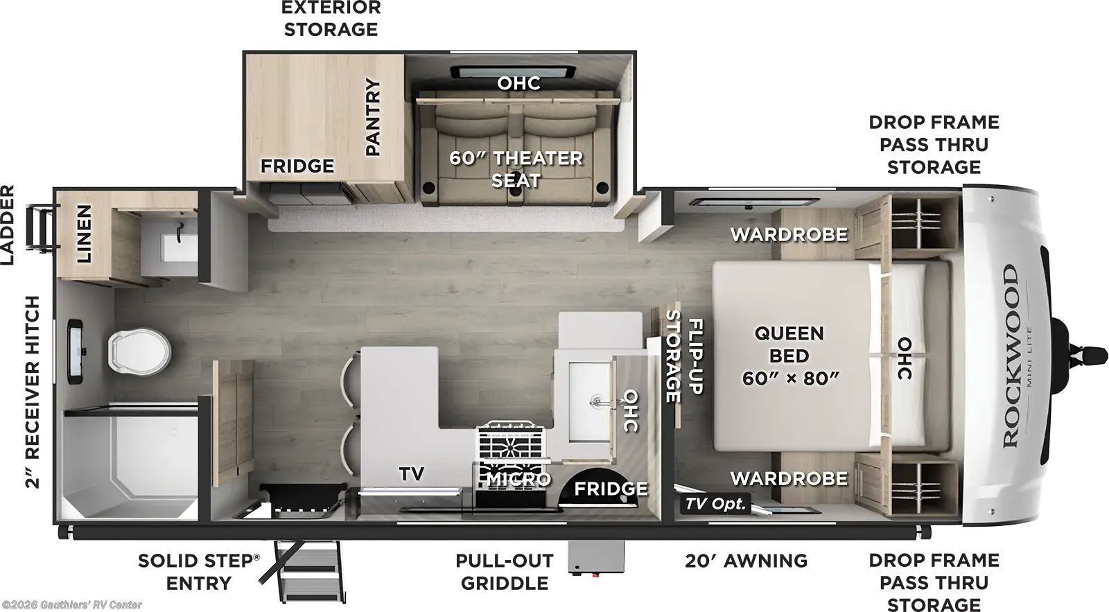 2027 Forest River Rockwood Mini Lite 2525RB - New Travel Trailer For Sale by Gauthiers' RV Center in Scott, Louisiana features Solar Panel, Slam Latch Baggage Doors, Microwave, Power Awning, TV