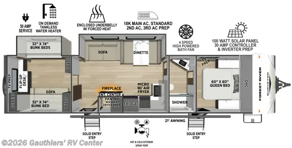 2027 Forest River Surveyor Camp 32CAMP - New Travel Trailer For Sale by Gauthiers' RV Center in Scott, Louisiana features Second Roof A/C, External Shower, Spare Tire Kit, Shower, Queen Mattress