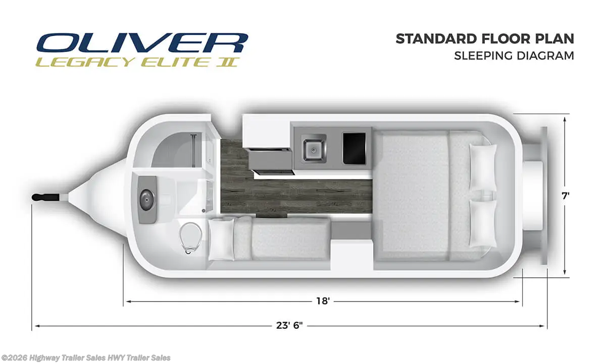 2026 Oliver Legacy Elite II Standard - New Travel Trailer For Sale by Highway Trailer Sales in Salem, Oregon features Air Conditioning, Enclosed Water Tank, LED Lights, Spare Tire Kit, Roof Vents