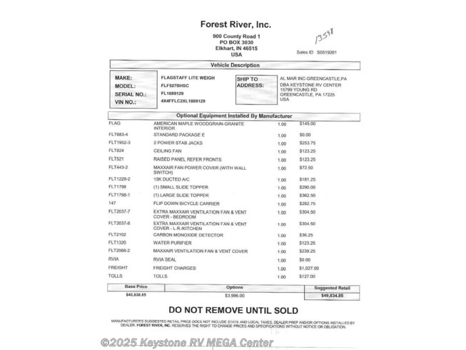 13598 2020 Forest River Flagstaff Super Lite 527bhs Fifth Wheel For Sale In Greencastle Pa