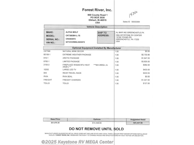 14340 2020 Forest River Alpha Wolf 26dbh L Travel Trailer For Sale In Greencastle Pa