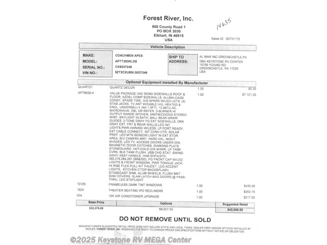 14635 2020 Coachmen Apex 293rlds Travel Trailer For Sale In Greencastle Pa