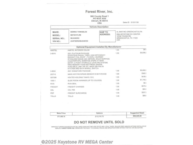 049352 2021 Forest River Sierra 391flrb Fifth Wheel For Sale In Greencastle Pa