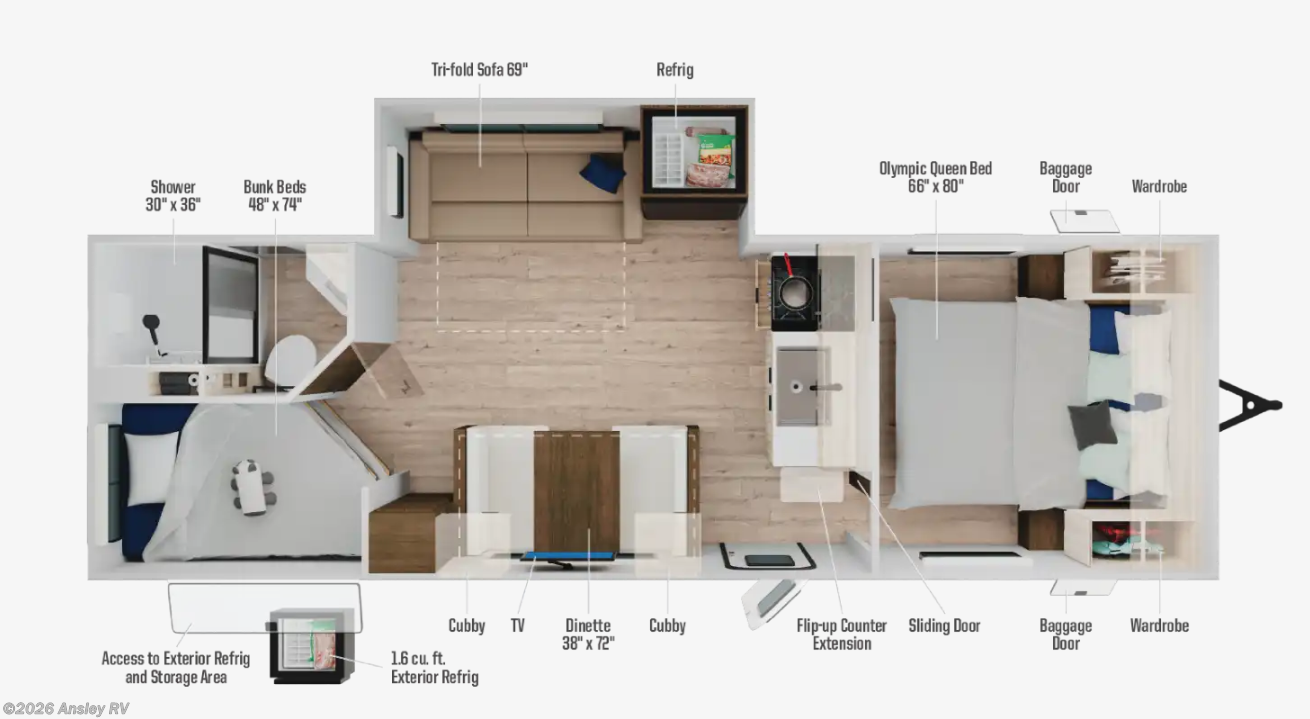 2026 Winnebago Access 25BH - New Travel Trailer For Sale by Ansley RV in Duncansville, Pennsylvania features Shower, Roof Vent, Convection Microwave, Refrigerator, Vanity