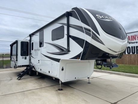 &lt;p&gt;Grand Design Solitude fifth wheel 370DV highlights:&lt;/p&gt;
&lt;ul&gt;
&lt;li&gt;Queen Bed Slide Out&lt;/li&gt;
&lt;li&gt;Two Power Awnings&lt;/li&gt;
&lt;li&gt;Free-Standing Dinette&lt;/li&gt;
&lt;li&gt;Pet Dish&lt;/li&gt;
&lt;li&gt;Spacious Full Bath&lt;/li&gt;
&lt;/ul&gt;
&lt;p&gt;Are you looking to upgrade from a travel trailer to a fifth wheel? If so, this model will be perfect for you! Once you arrive at the campground, you can unload your gear from the pass-through storage, put out the two power awnings, then relax with a cold drink. Inside, you can kick your feet up on the&amp;nbsp;theater seating, play a game at the free-standing dinette, or relax on the&amp;nbsp;tri-fold sofa. The chef of your group will have a&amp;nbsp;kitchen island&amp;nbsp;with a Smart sink, dishwasher prep if you want the option to make cleaning up easier, plus a spacious&amp;nbsp;20 cu. ft. 12V refrigerator.&amp;nbsp;There is also a 24&quot; residential oven, convenient pull-out trash cans, plus a pantry and a hutch for storage galore! Having two bath sinks in the full bath is sure to be a big convenience when getting ready for bed, and the queen bed slide out (king bed optional) in the front bedroom will provide a great night&#39;s rest. You will also find a front wardrobe, a&amp;nbsp;slide-top dresser with an LED TV, plus washer/dryer prep!&lt;/p&gt;
&lt;p&gt;Each Solitude fifth wheel by Grand Design features a 101&quot; wide-body construction, heavy duty 7,000 lb. axles, frameless tinted windows, and high-gloss gel coat sidewalls. You can camp year around thanks to the Weather-Tek Package that includes a 35K BTU high-capacity furnace, an all-in-one enclosed and heated utility center, and a fully enclosed underbelly with heated tanks and storage. Inside, you&#39;ll love the premium roller shades, hardwood cabinet doors, solid surface countertops and sinks, plus residential finishes throughout to make you truly feel at home. Each model also includes a MORryde CRE3000 suspension system, self adjusting brakes, and a MORryde pin box that will provide smooth towing from home to campground. Affordable luxury is possible with the Solitude fifth wheels; choose yours today!&lt;/p&gt;